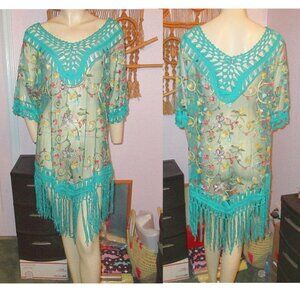 Asha Sheer Mesh Dress Size 1X Embroidered Crochet Fringe Coverup Boho Festival